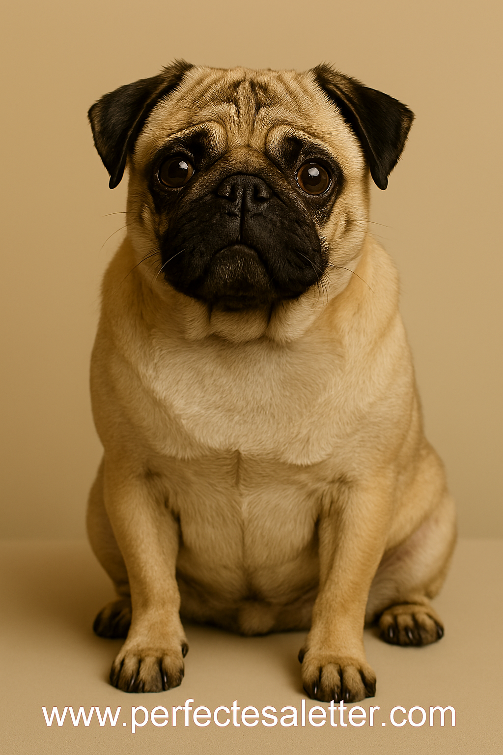 A fawn-colored pug sitting against a beige